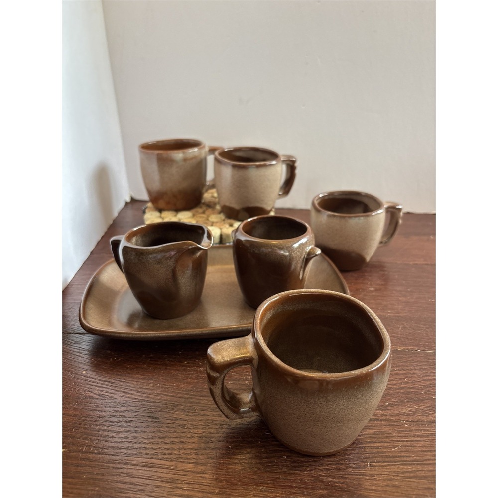 VTG 4 Frankoma Plainsman Brown Coffee Mugs Cups 5C, Cream, Sugar, Tray 5 PS